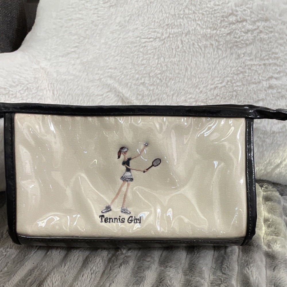 The Girls Makeup Bag Beige Black Fabric Plastic with Zipper Pockets